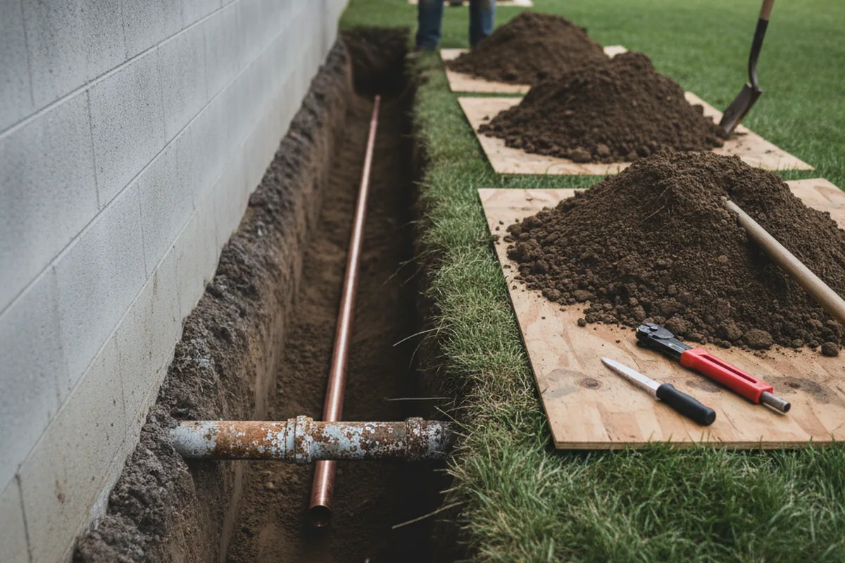 Excavated water line trench during Sewer Line Repair in Lafitte
